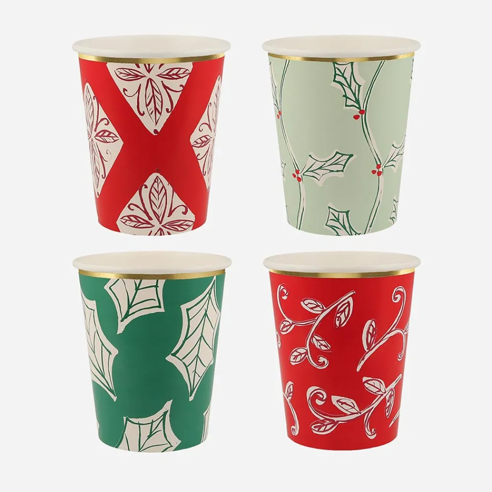 New Meri Meri Christmas - 8 Christmas Cups With Block Print Patterns
