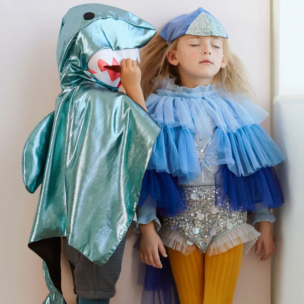 Flash Sale Meri Meri Shark Costume: Lined Metallic Blue Cape With Hood